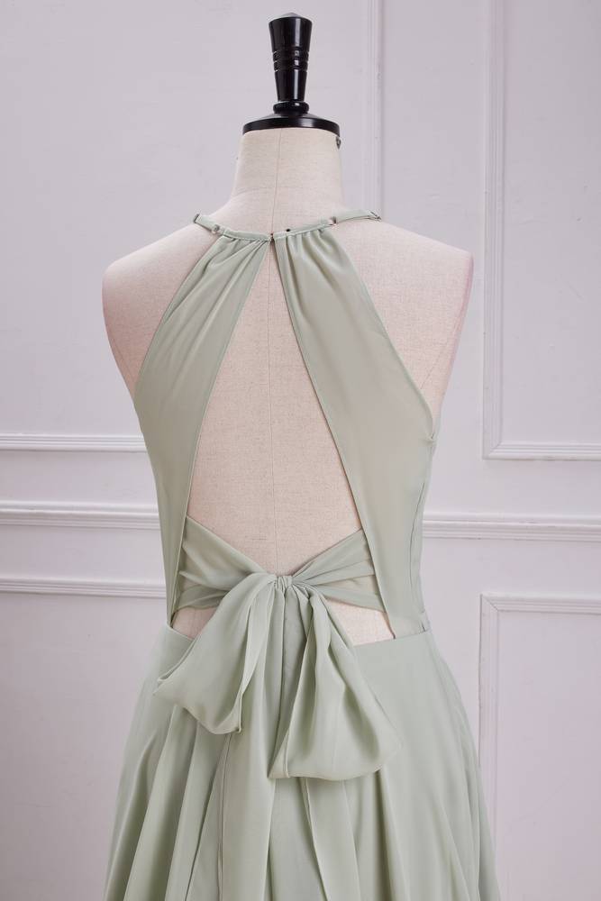 Green Crew Neck A-Line Chiffon Bridesmaid Dresses with Slit