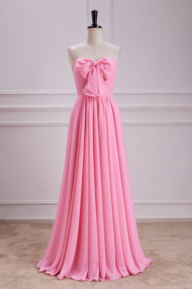 Candy Pink Strapless Sweetheart Chiffon Bridesmaid Dresses with Bow