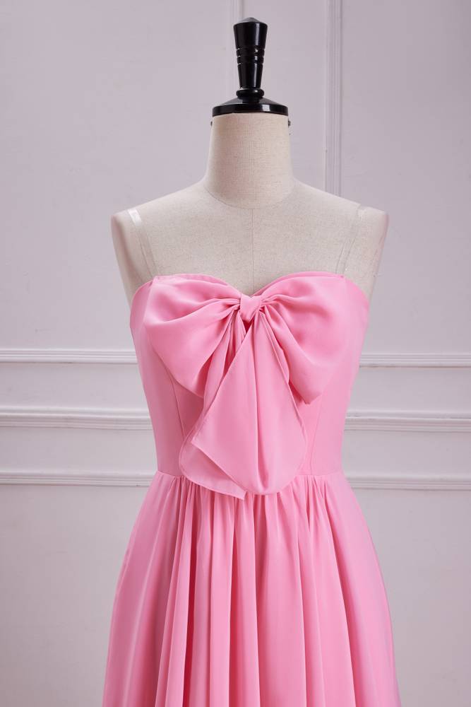 Candy Pink Strapless Sweetheart Chiffon Bridesmaid Dresses with Bow