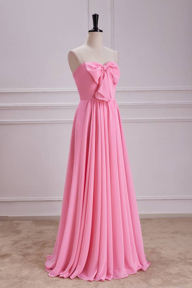 Candy Pink Strapless Sweetheart Chiffon Bridesmaid Dresses with Bow