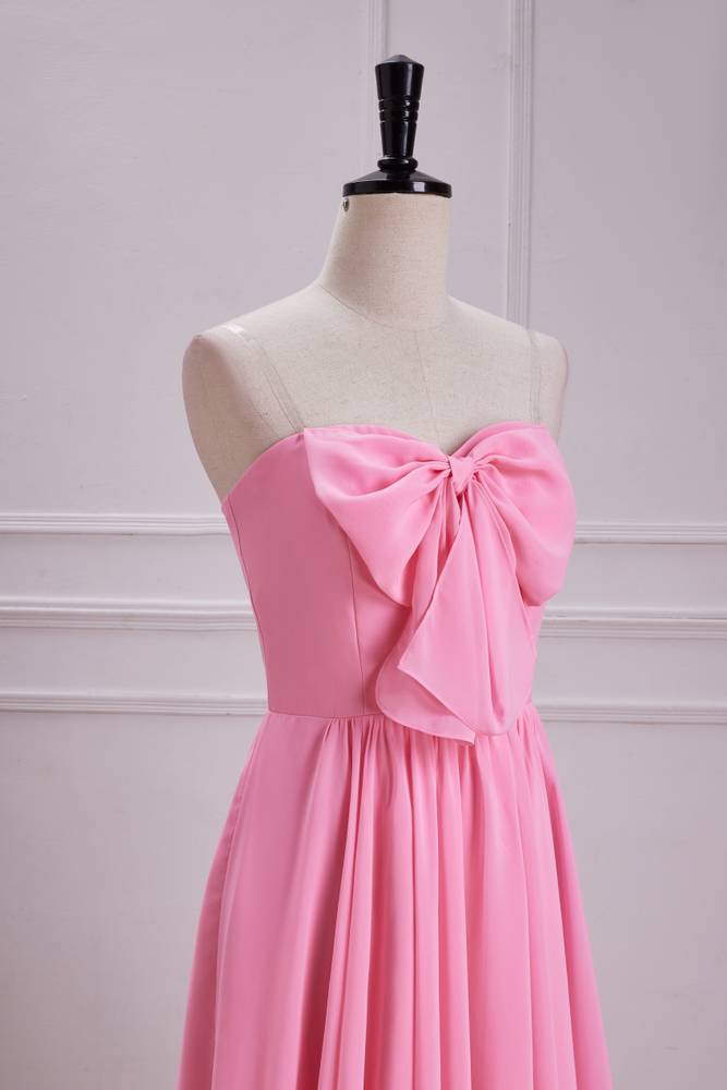 Candy Pink Strapless Sweetheart Chiffon Bridesmaid Dresses with Bow