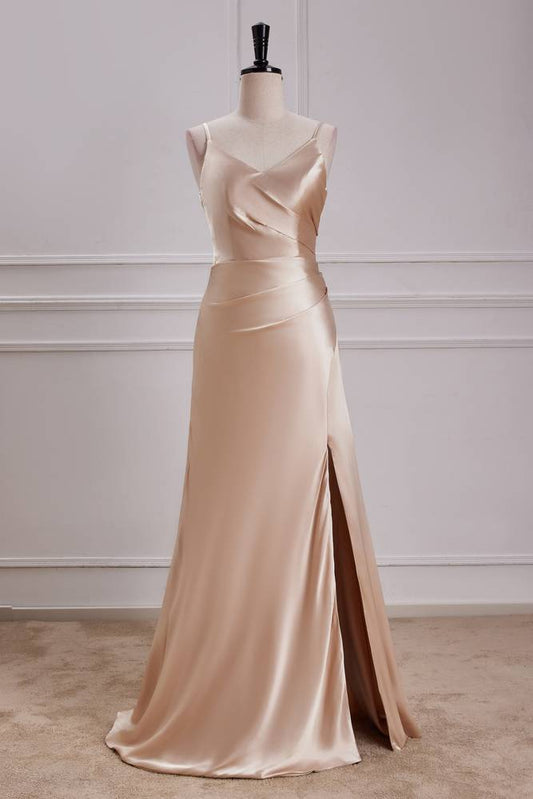 Champagne A-Line Satin V-Neck Prom Dresses with Slit