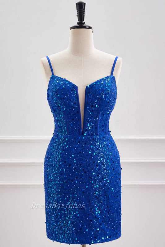 Royal Blue Deep V-Neck Sequined Homecoming Dresses with Beads