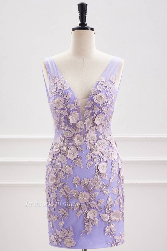 Lavender 3D Flowers Sleeveless Floral Homecoming Dresses