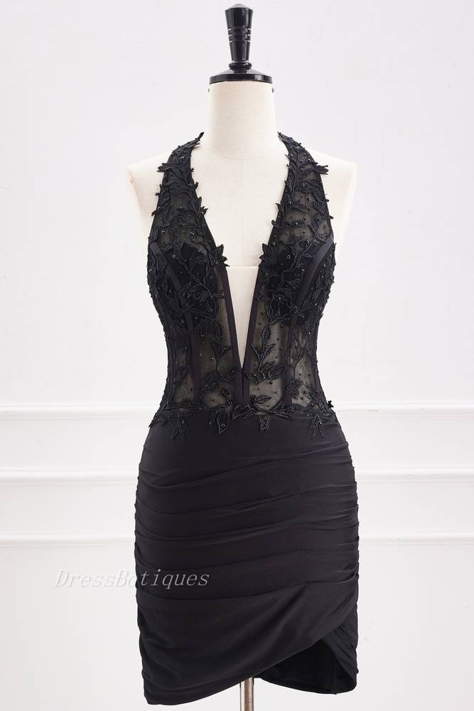 Black Halter Bodycon Lace Satin Homecoming Dresses with Beads