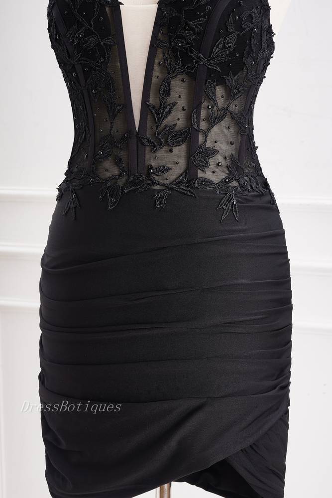 Black Halter Bodycon Lace Satin Homecoming Dresses with Beads