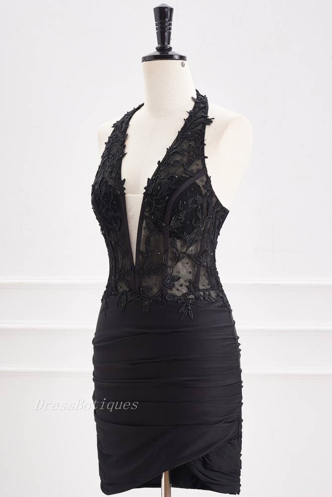 Black Halter Bodycon Lace Satin Homecoming Dresses with Beads