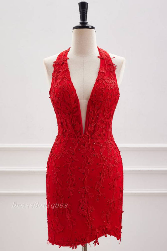 Red Beaded Halter Bodycon Homecoming Dresses with Appliques