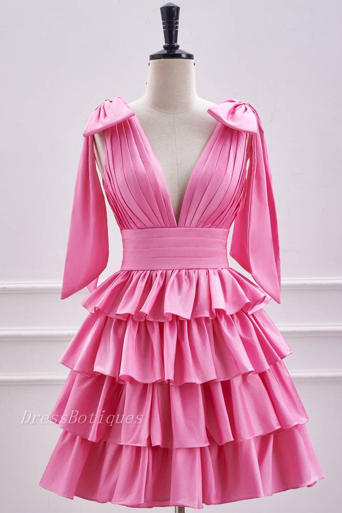 Pink V-Neck Straps A-Line Satin Homecoming Dresses with Ruffles