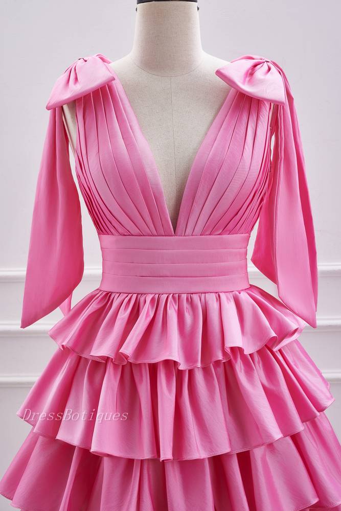 Pink V-Neck Straps A-Line Satin Homecoming Dresses with Ruffles