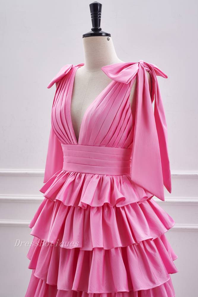 Pink V-Neck Straps A-Line Satin Homecoming Dresses with Ruffles