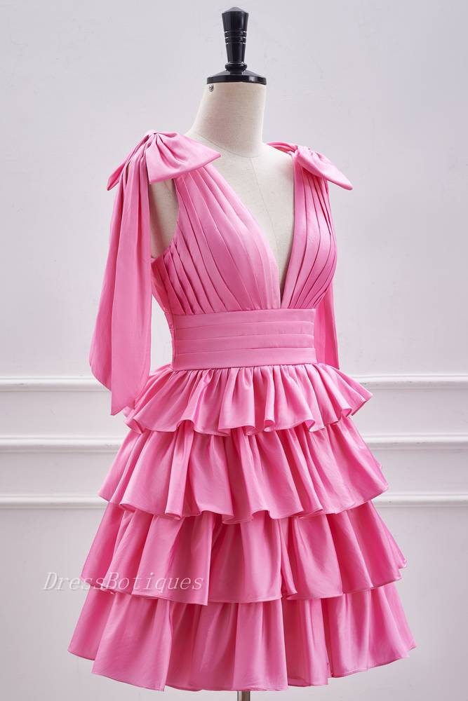 Pink V-Neck Straps A-Line Satin Homecoming Dresses with Ruffles