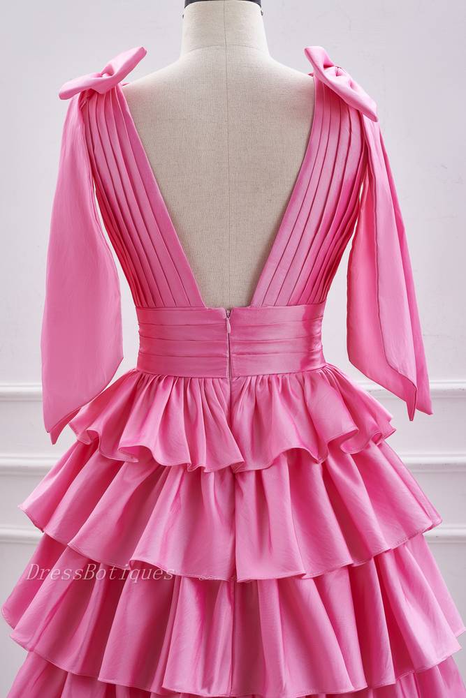 Pink V-Neck Straps A-Line Satin Homecoming Dresses with Ruffles