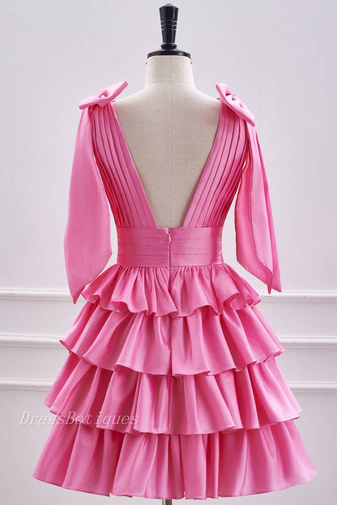 Pink V-Neck Straps A-Line Satin Homecoming Dresses with Ruffles