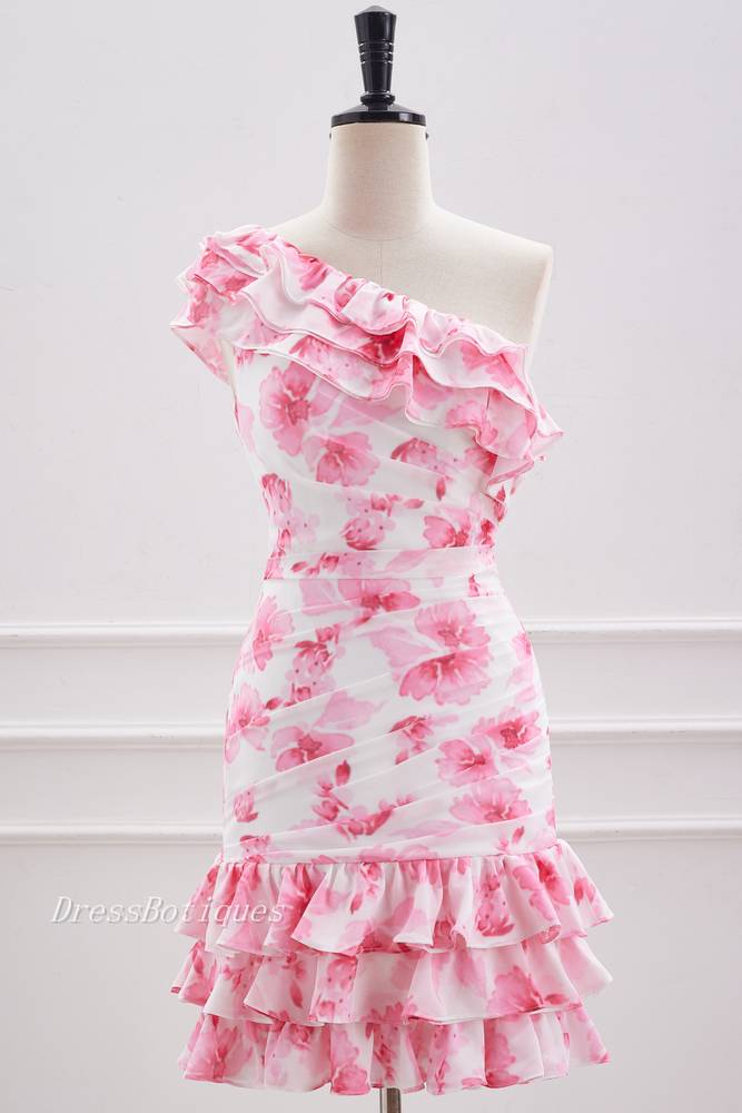 Pink One-Shoulder Floral Print Sleeveless Sheath Homecoming Dresses