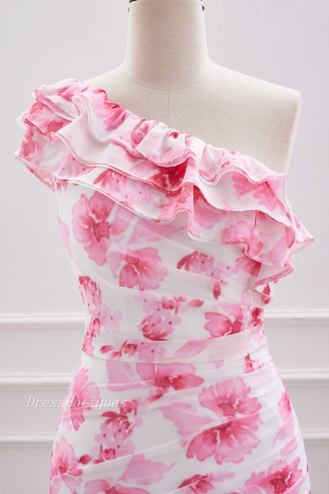 Pink One-Shoulder Floral Print Sleeveless Sheath Homecoming Dresses