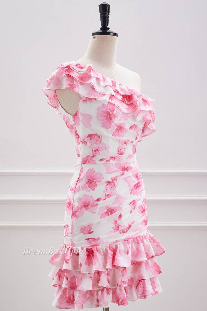 Pink One-Shoulder Floral Print Sleeveless Sheath Homecoming Dresses