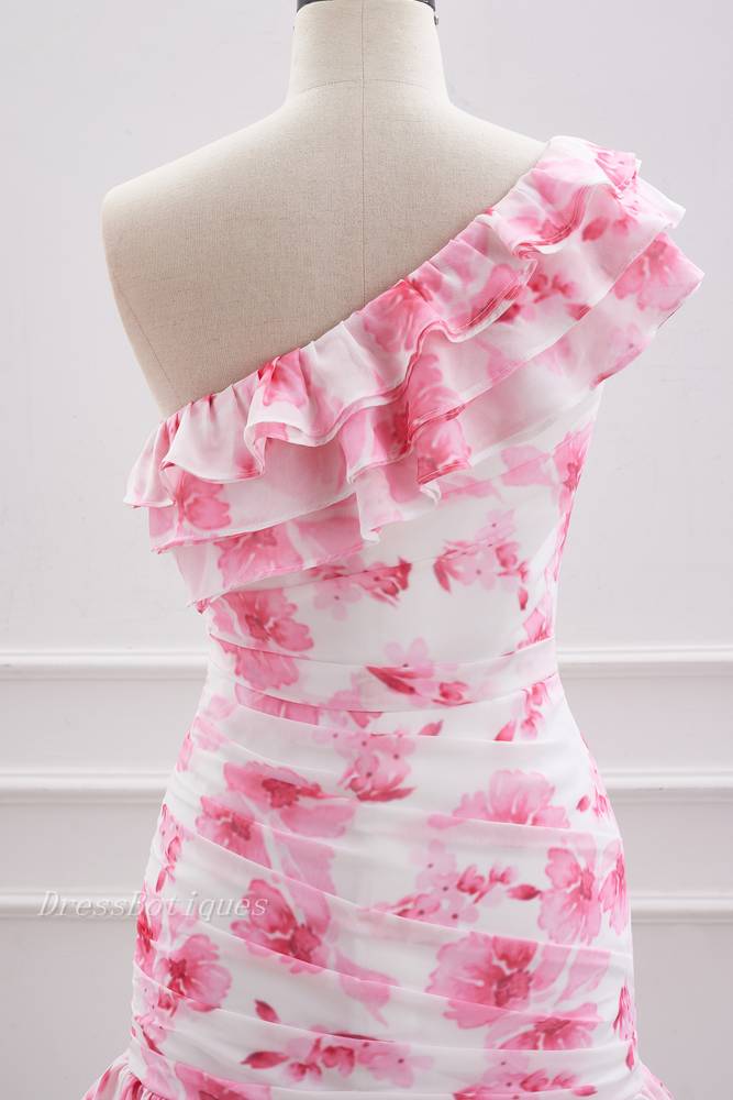 Pink One-Shoulder Floral Print Sleeveless Sheath Homecoming Dresses