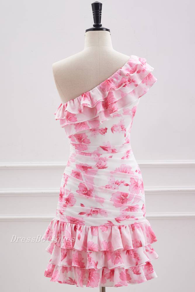 Pink One-Shoulder Floral Print Sleeveless Sheath Homecoming Dresses