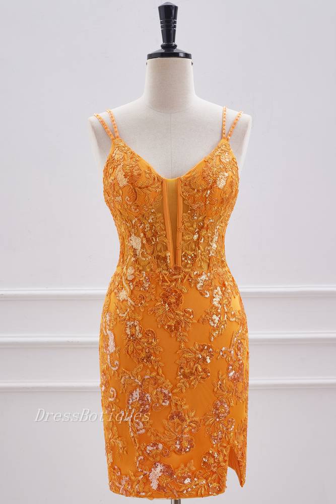 Turmeric V-Neck Criss Cross Straps Sequined Homecoming Dresses