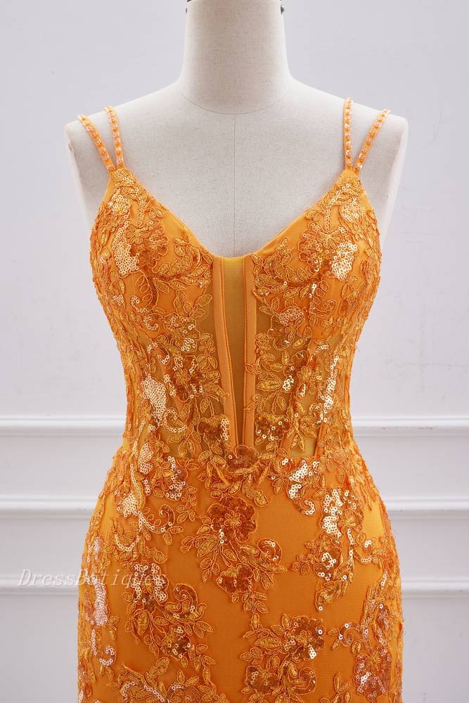 Turmeric V-Neck Criss Cross Straps Sequined Homecoming Dresses