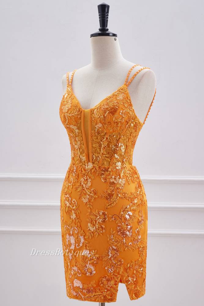 Turmeric V-Neck Criss Cross Straps Sequined Homecoming Dresses