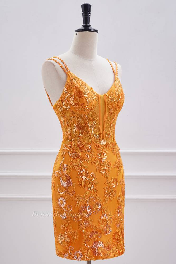 Turmeric V-Neck Criss Cross Straps Sequined Homecoming Dresses