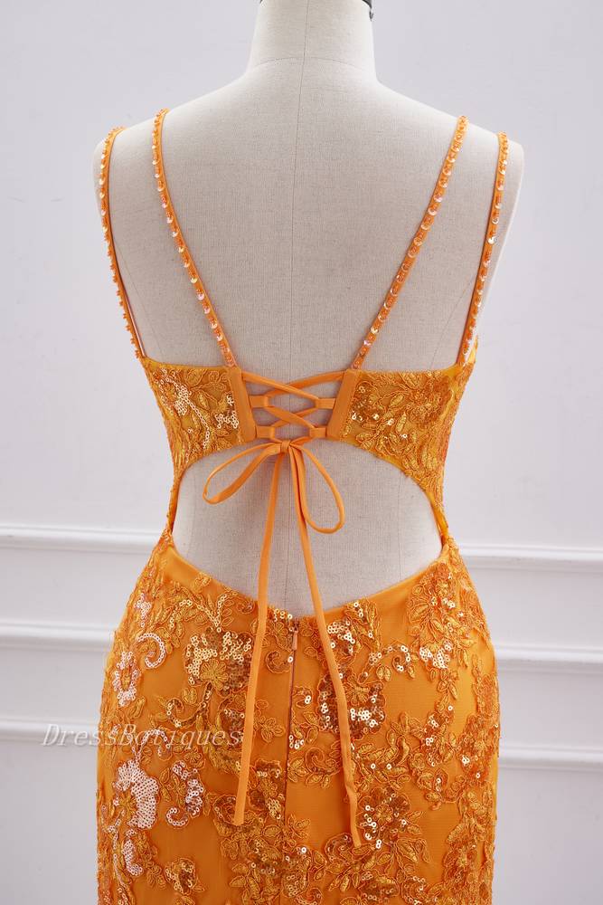 Turmeric V-Neck Criss Cross Straps Sequined Homecoming Dresses