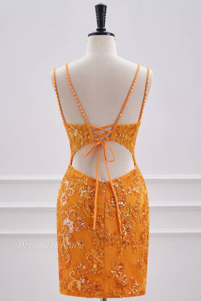 Turmeric V-Neck Criss Cross Straps Sequined Homecoming Dresses