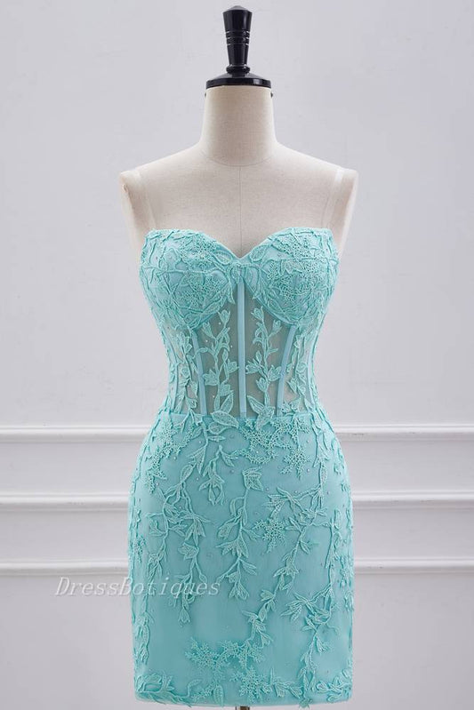 Mint Green Strapless Sheath Homecoming Dresses with Appliques