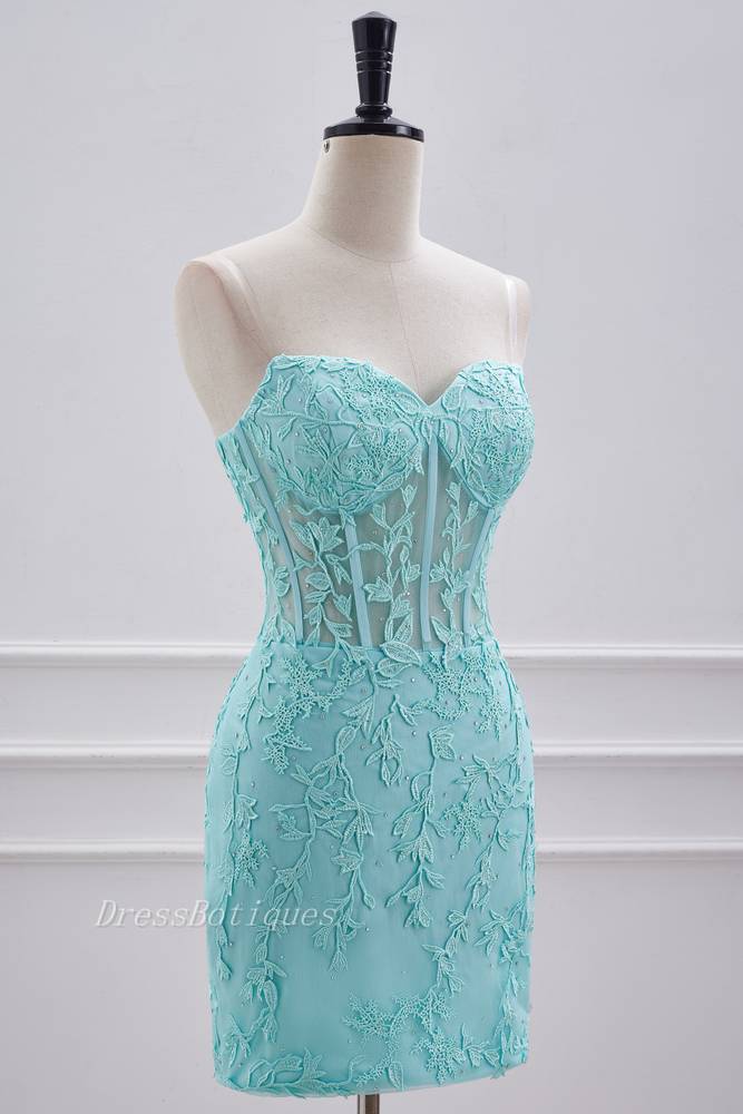 Mint Green Strapless Sheath Homecoming Dresses with Appliques