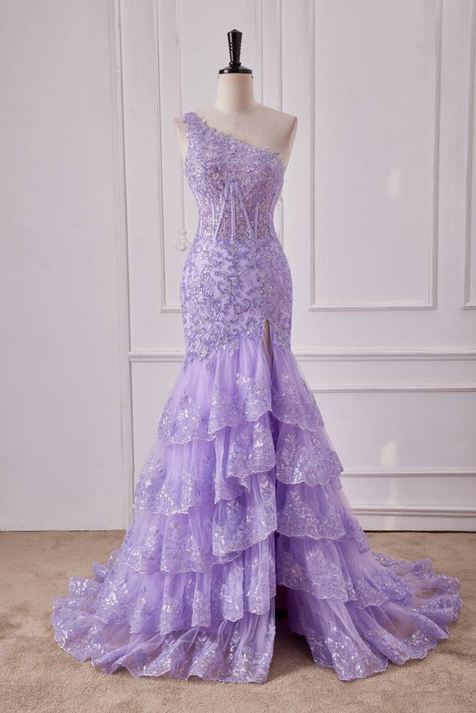 Lilac One-Shoulder Mermaid Sequined Prom Dresses with Silt