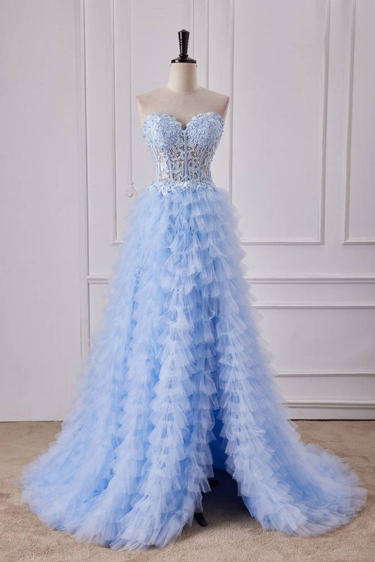 Sky Blue Beaded Strapless Split Front Prom Dresses with Aplliques