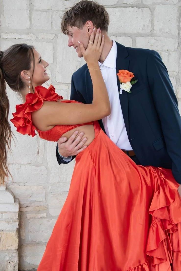 Red Sleeveless A-Line Satin Prom Formal Dresses with Ruffles