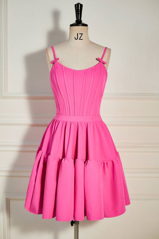 Pink Spaghetti Straps A-Line Satin Homecoming Dresses with Ruffles