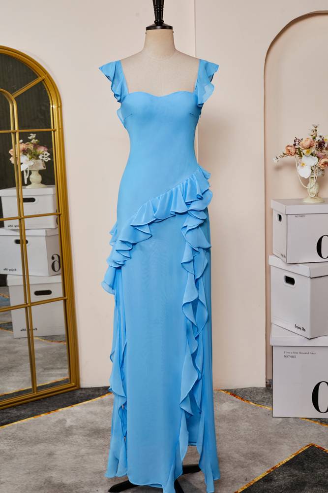 Blue Sweetheart Sleeveless Column Chiffon Formal Dresses