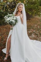 White Strapless A-Line Satin Split Front Wedding Dresses