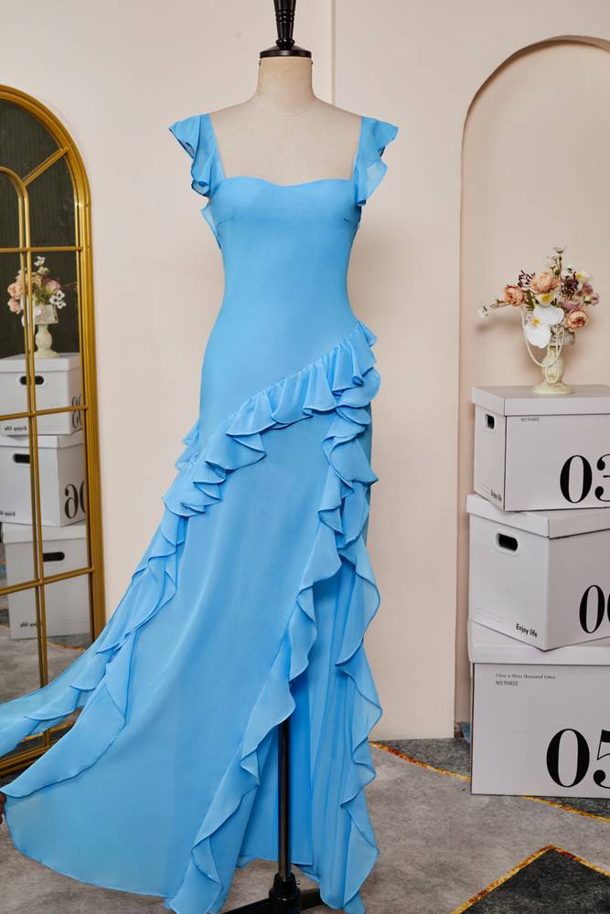 Blue Sweetheart Sleeveless Column Chiffon Formal Dresses