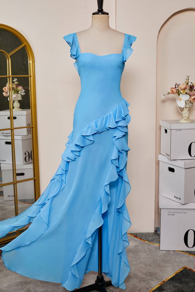 Blue Sweetheart Sleeveless Column Chiffon Formal Dresses