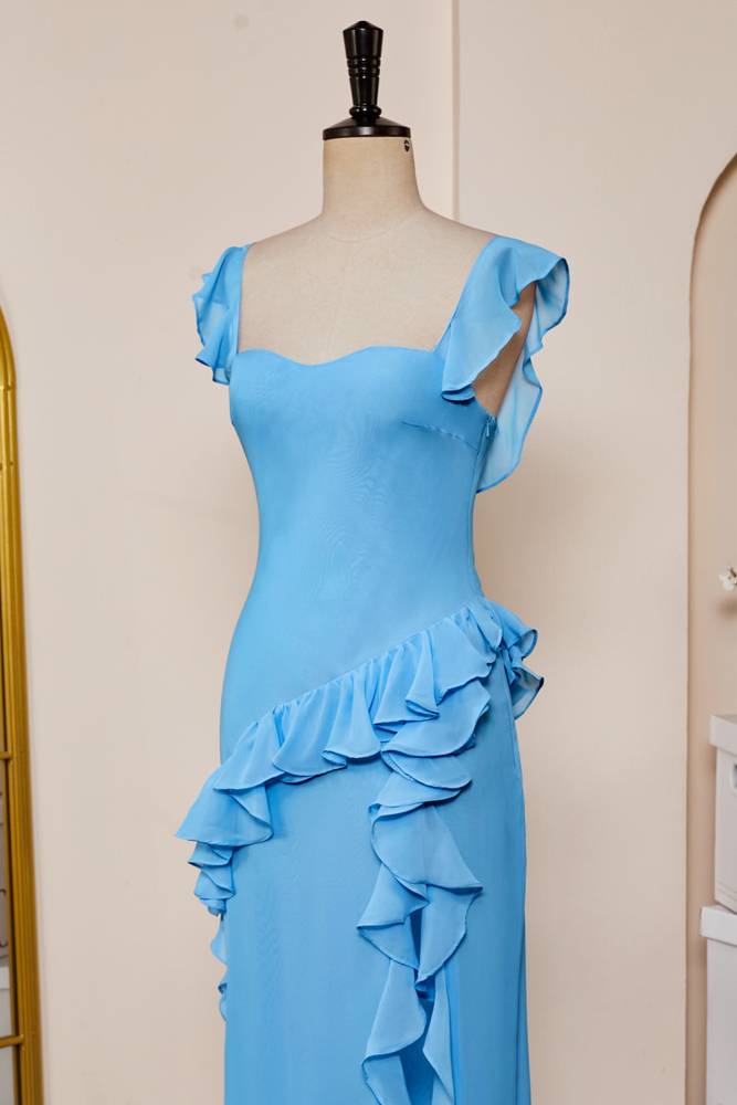 Blue Sweetheart Sleeveless Column Chiffon Formal Dresses