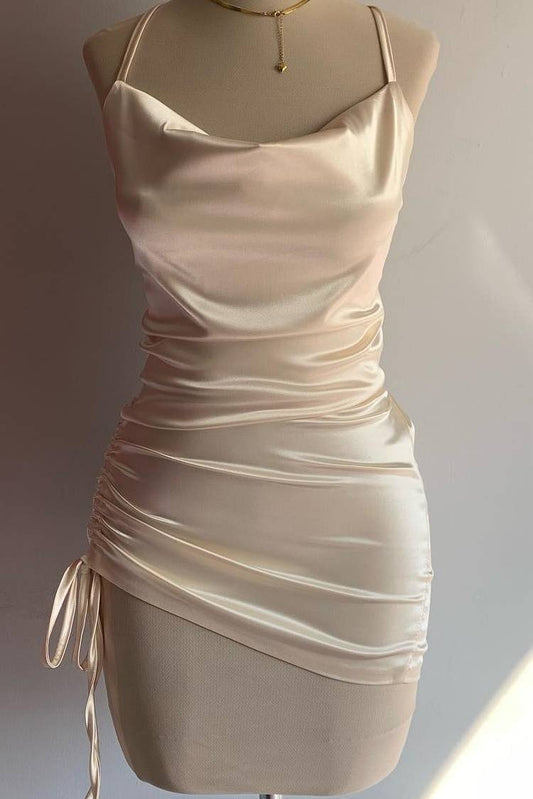 Champagne Spaghetti Straps Mermaid Satin Short Homecoming Dresses