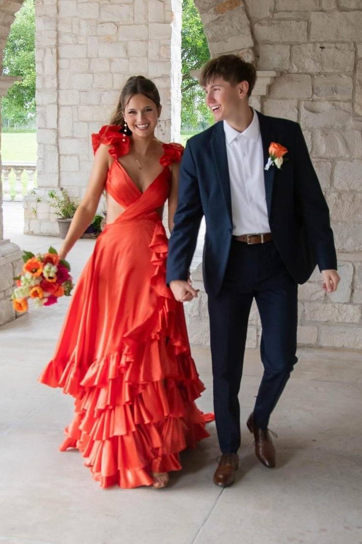 Red Sleeveless A-Line Satin Prom Formal Dresses with Ruffles