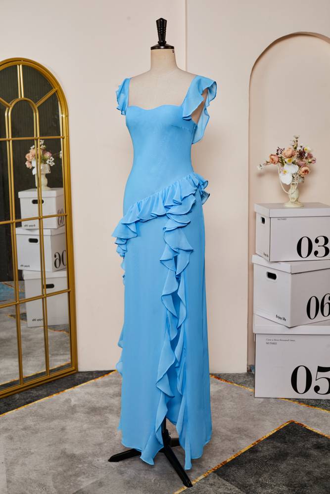 Blue Sweetheart Sleeveless Column Chiffon Formal Dresses