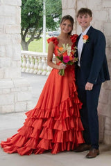 Red Sleeveless A-Line Satin Prom Formal Dresses with Ruffles