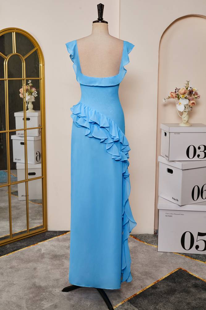 Blue Sweetheart Sleeveless Column Chiffon Formal Dresses