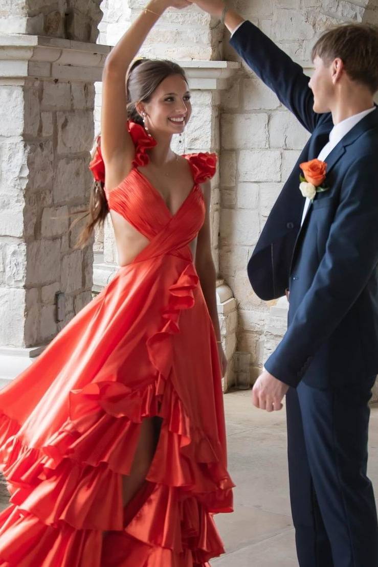 Red Sleeveless A-Line Satin Prom Formal Dresses with Ruffles