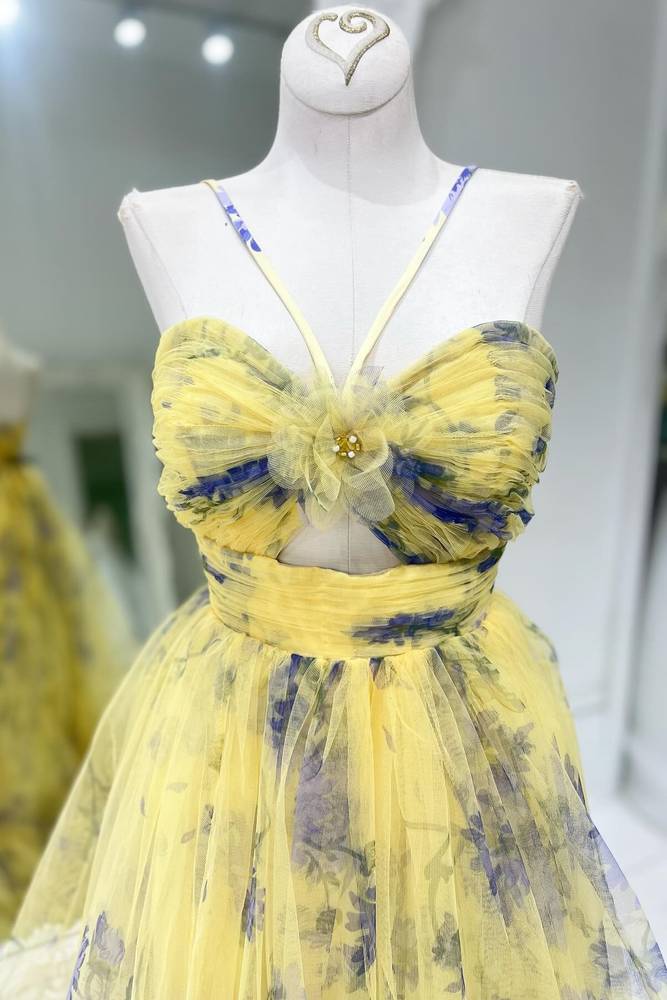 Yellow Sleeveless Long A-Line Print Prom Dresses