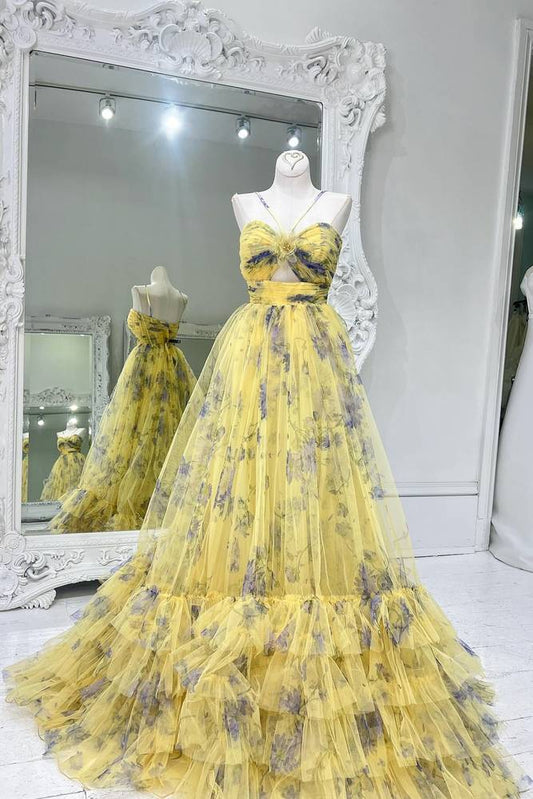 Yellow Sleeveless Long A-Line Print Prom Dresses