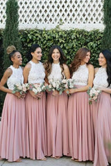 Ankle Length Crew Neck A-Line Chiffon Lace Bridesmaid Dresses