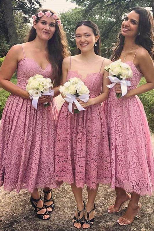 Tea-Length Sweetheart A-Line Lace Bridesmaid Dresses